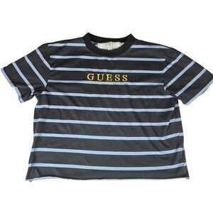 Guess Originals Striped Crop Top T-Shirt Black Blue Yellow Script Small
